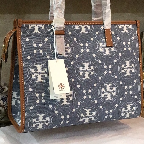 Tory Burch T Monogram Leather and Canvas Denim Large - Picture 1 of 5